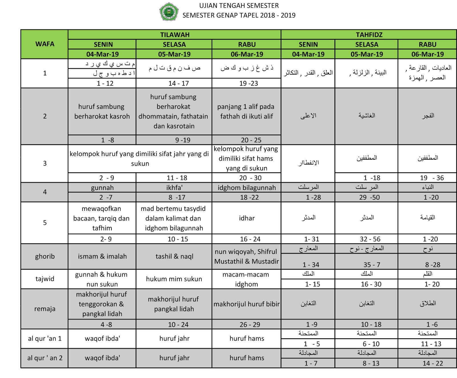 Jadwal UAS AL QURAN WAFA Semester Genap 2018 2019