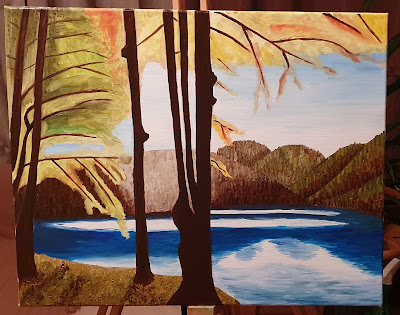 Peinture sur toile Masha Paysage lac montagnes et arbresétape 3