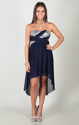 strapless high low chiffon dress with criss cross stone trim