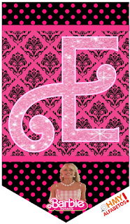 Barbie Movie: Free Printable Bunting with Sparkling Pink Glitter Letters and Numbers. Barbie la Película: Banderines para Descargar Gratis con Letras y Números en Brillantina Rosa-