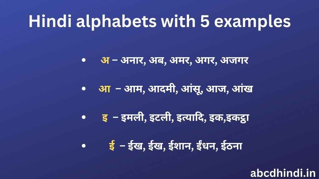 hindi alphabets with 5 examples