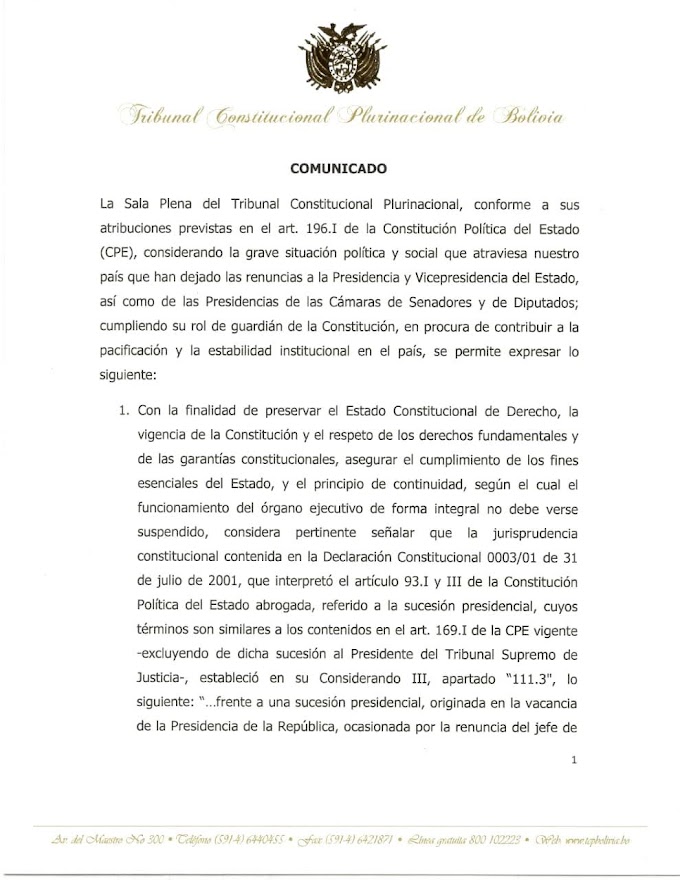 El TCP avala la asunción presidencial de Jeanine Áñez