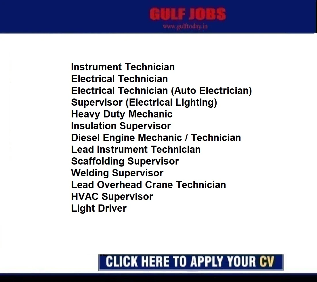 Qatar Jobs-Instrument Technician-Electrical Technician-Electrical Technician-Supervisor -Heavy Duty Mechanic-Insulation Supervisor-Lead Instrument Technician-Scaffolding Supervisor-Welding Supervisor-Lead Overhead Crane Technician-HVAC Supervisor-Light Driver