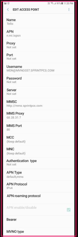 Tello APN settings for Android