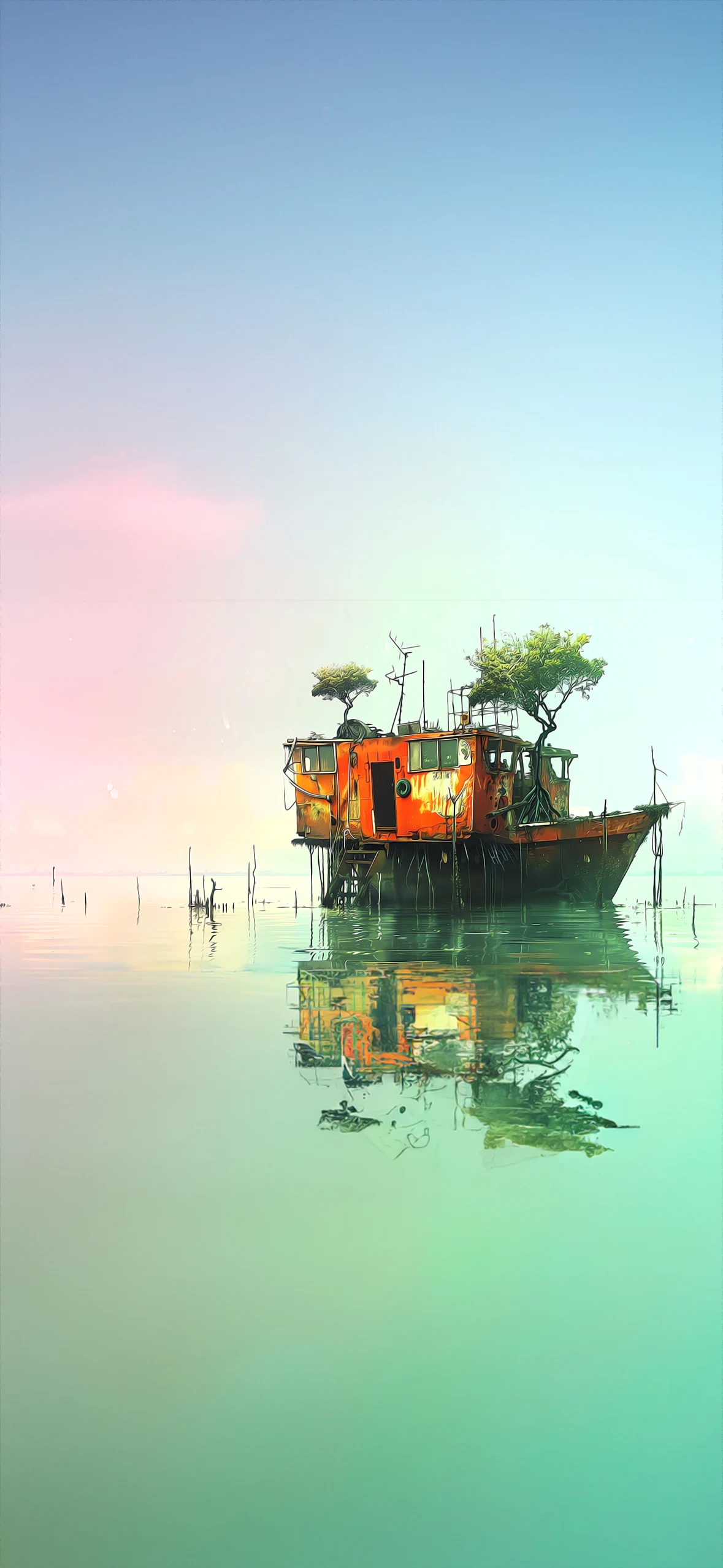 iphone wallpaper of Stylized illustration of an old, rusted orange boat with overgrown trees on deck, floating in calm water under a soft pastel sky.