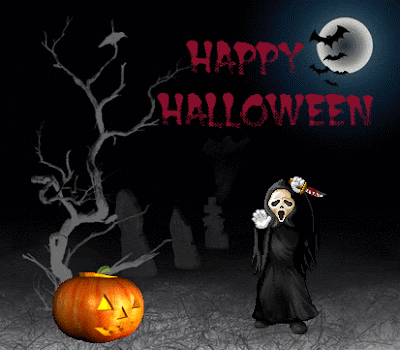Scary Happy Halloween greeting with ghost carrying knife 