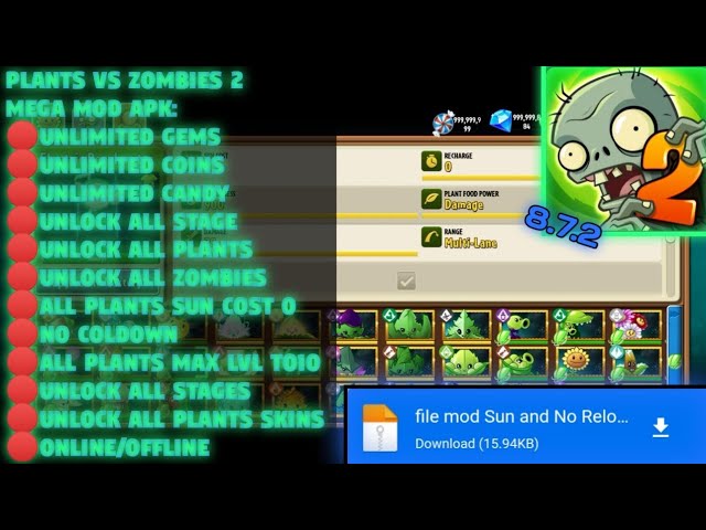 Plants vs Zombies 2 mega mod apk 8.7.2 (Unlimited all,no coldown,sun cost 0 and more!)