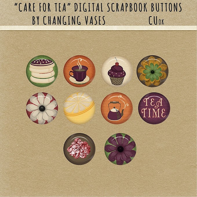 "Care for Tea" Free Digital Scrapbook Buttons