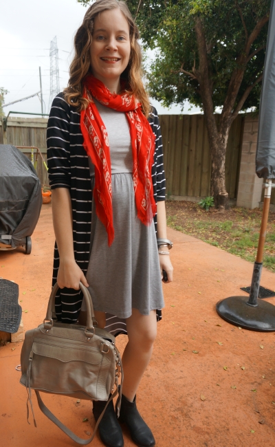 Away From Blue | Petite Blogger Striped Maxi cardigan grey skater dress red skull scarf