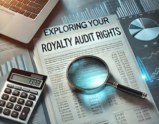 Graphic of a computer, calculator, magnifying glass, and report titled "Exploring Royalty Audit Rights"