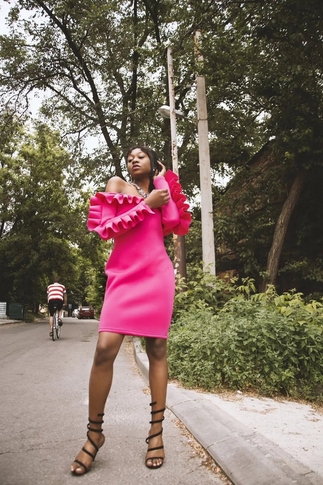 Pink ruffle sleeve dress