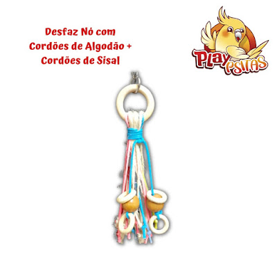 Brinquedo Desfaz Nó com Cordões de Algodão + Cordões de Sisal. Ideal para calopsitas, agapornis, aves de pequeno porte