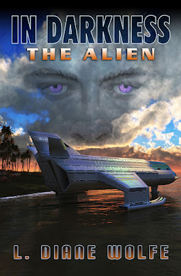 Cover to the novel, "In Darkness: The Alien", depicting a landed spaceship.