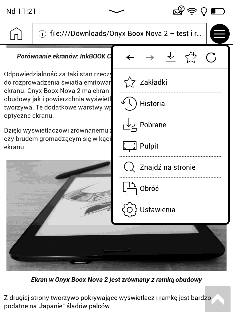 PocketBook Touch Lux 5 – menu przeglądarki internetowej