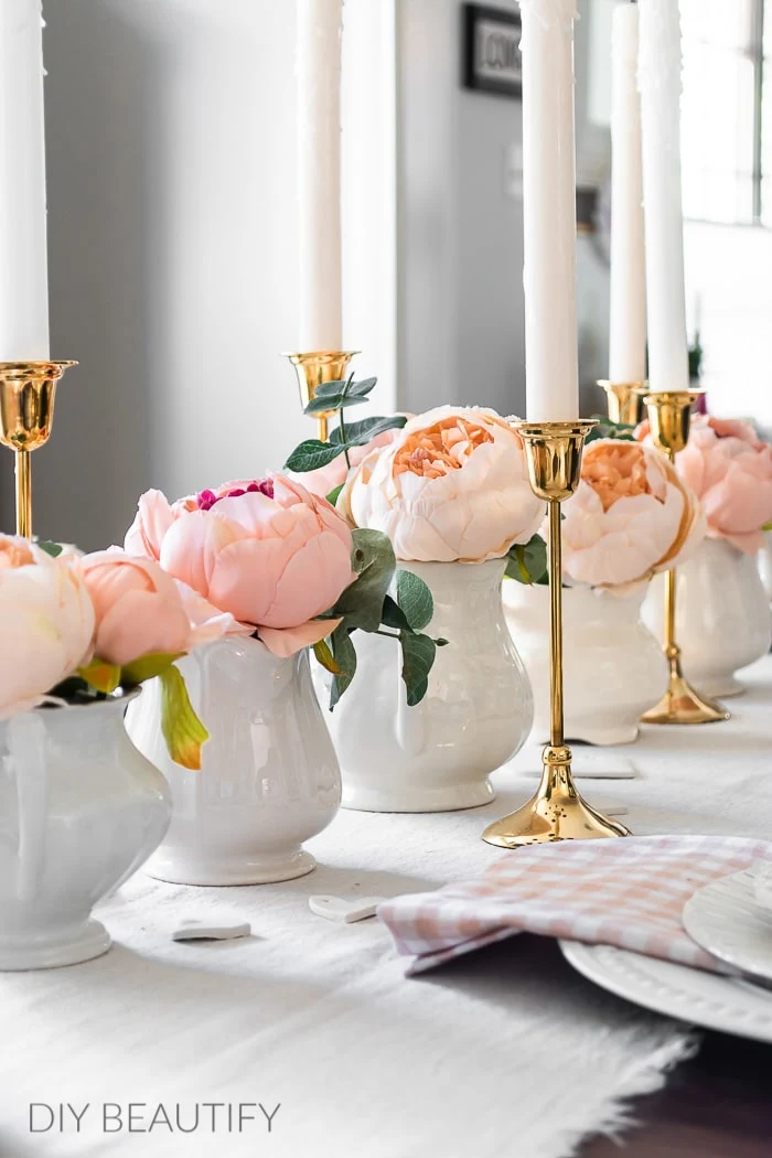 pink peonies in ironstone creamers