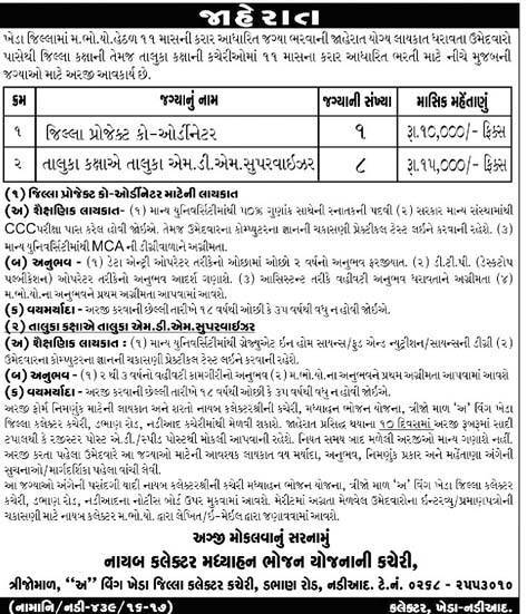 Mid Day Meal Project Kheda Recruitment 2016 For Coordinator and Supervisor Posts