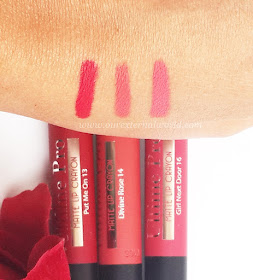 FACES Ultime Pro Matte Lip Crayons: Put-Me-On, Divine-Rose and Girl-Next-Door Swatches