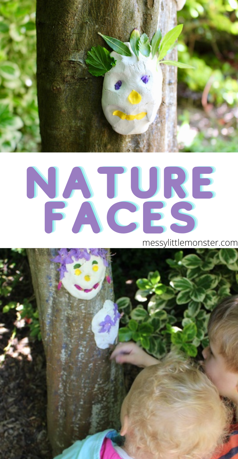 Clay faces nature craft for kids. Nature faces outdoor art ideas. .