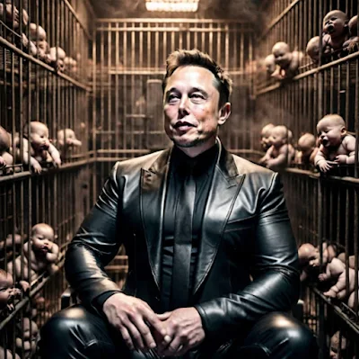 Elon Musk wearing black leather suit in a room full of caged babies