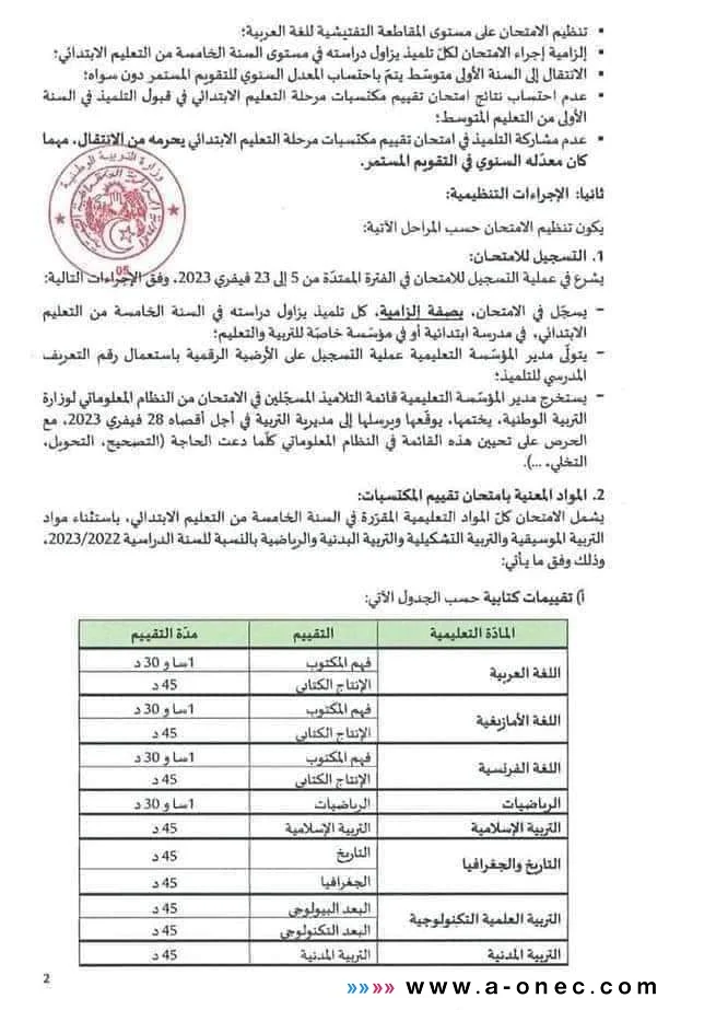 هذه المواد ومدة الامتحان التي يمتحن فيها تلاميذ السانكيام - الخامسة ابتدائي - وزارة التربية الوطنية - a-onec - الرقمنة - exma