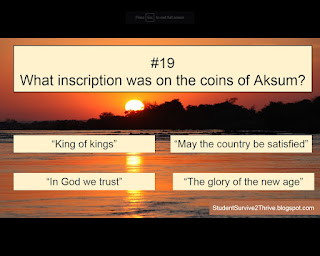 What inscription was on the coins of Aksum? Answer choices include: "King of kings" "May the country be satisfied" "In God we trust" "The glory of the new age"