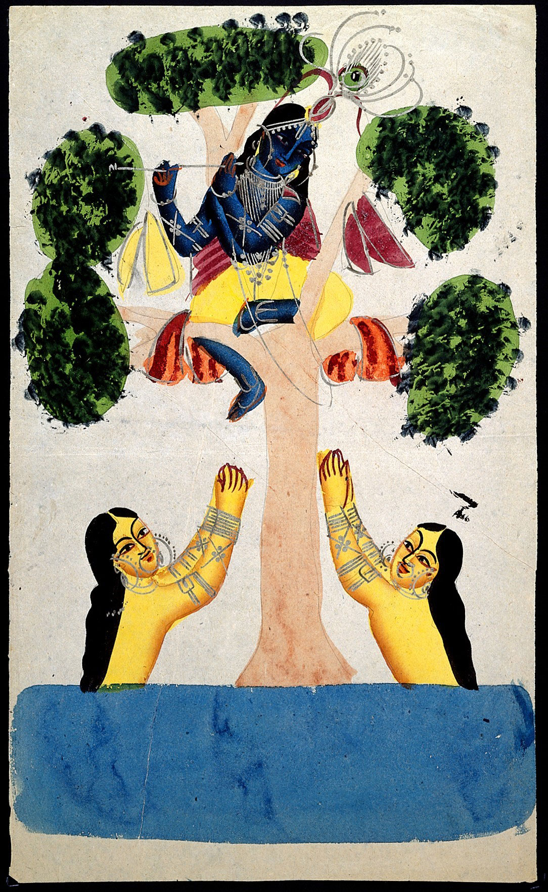 Krishna Stealing Gopis' Clothes - Kalighat Painting