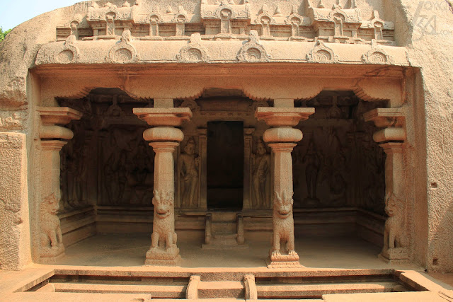 Varaha cave temple with panels of Goddess Lakshmi (left) and another of Goddess Durga standing on a lotus (right)