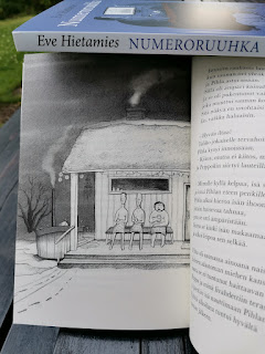 A picture from the Numeroruuhka novel: Three men sitting ouside of a sauna, cooling off.