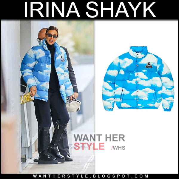 Irina Shayk in blue cloud print puffer jacket