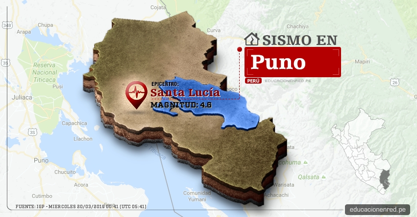 Temblor en Puno de Magnitud 4.6 (Hoy Miércoles 20 Marzo 2019) Sismo Epicentro Santa Lucía - Lampa - IGP - www.igp.gob.pe