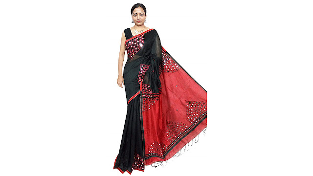 Red Sarees Women's Mirror Work Cotton Silk Saree  RS142  Black  Free Size