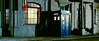Scene from Dolaks invasion earth 2150 A.D. shows the doctors space vehicle called the tardis which looks like an old British police box from the 1960s