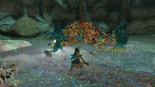 Sidon's and Yunobo's shadows next to a gloomy Stalnox on the floor in the Depths