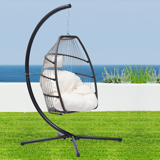 Barton Resin Wicker Hanging Egg Chair with Cushion and Stand-Cream