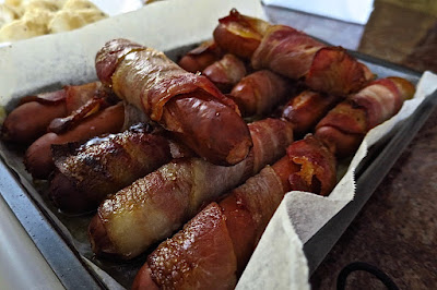 cny reunion dinner lou hei, bacon sausage brown sugar glaze