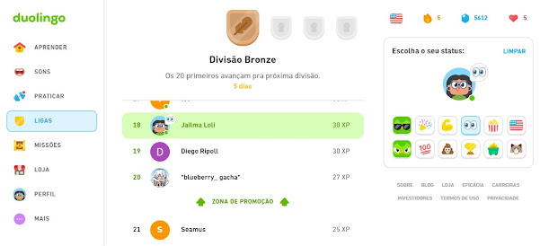 Tela de competição das Ligas do Duolingo