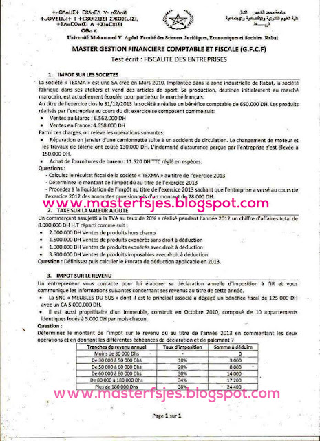 Exemple de Concours Master Gestion Financière Comptable et Fiscale (GFCF) 2014-2015 - Fsjes Agdal