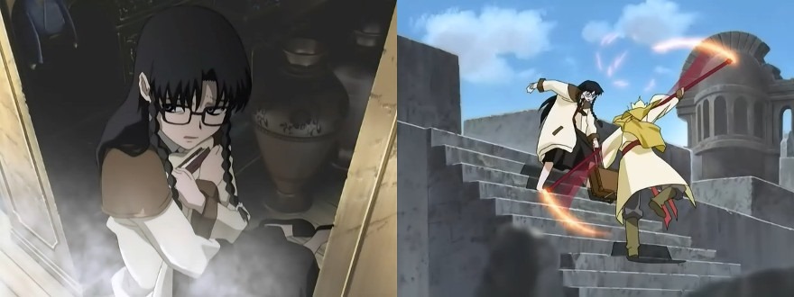 A side-by-side screenshot; Yomiko huddles in a corner clutching a book protectively; Yomiko dodges an attack from a resurected Son Goku on some old stone steps