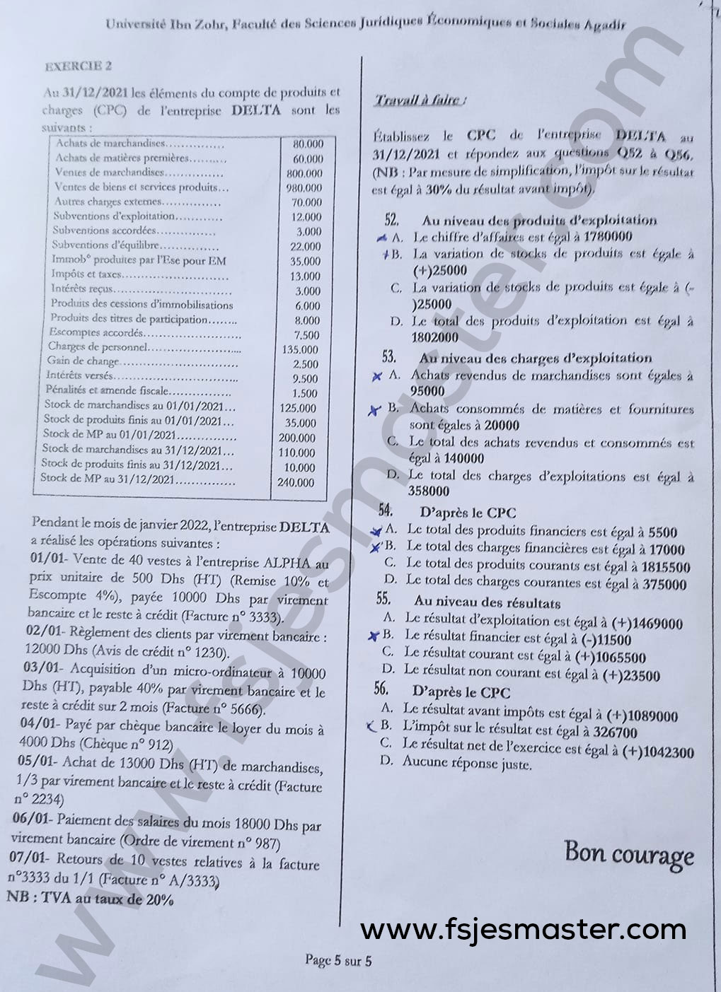 Exemple Concours Master Comptabilité Contrôle Audit (CCA) 2022-2023 - Fsjes Agadir