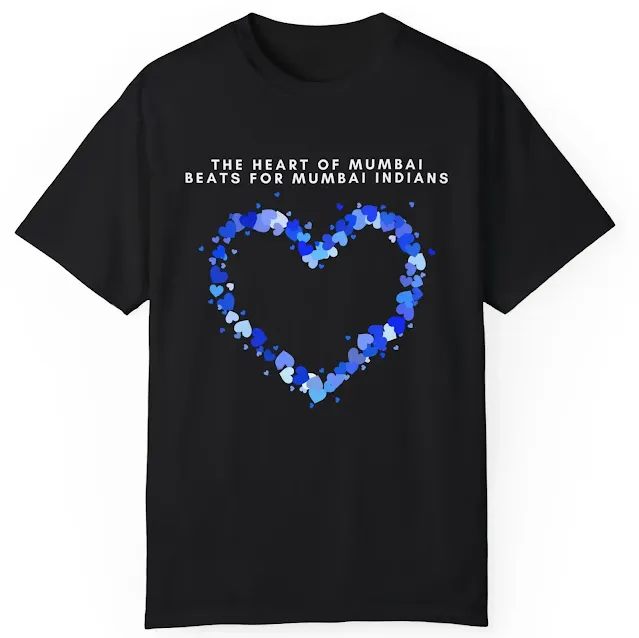 Garment Dyed Personalized Mumbai Indians Cricket T-Shirt for Men and Women With Big Heart Made of Small Blue Hearts and Slogan The Heart of Mumbai Beats for Mumbai Indians