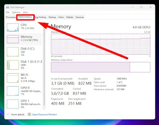 Melihat Kapasitas dan Jumlah RAM Yang Terpakai  di Task Manager Versi Lama