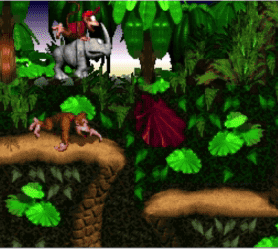 See Diddy Kong riding rhino with donkey kong running here through the first forest level in the process of making jump over hole now