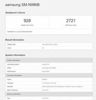  Samsung Galaxy Note20 Ultra with Exynos chipset passes by Geekbench