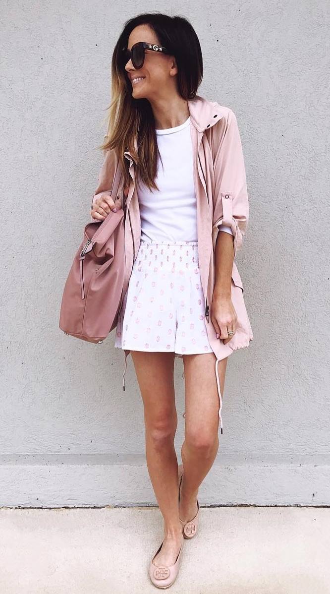 casual style addict / pink jacket + bag + white top + high waist shorts + flats