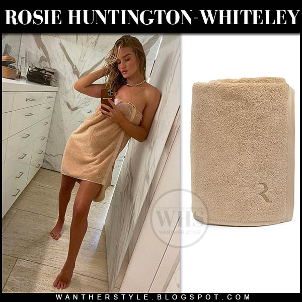 Rosie Huntington-Whiteley in beige body towel in bathroom