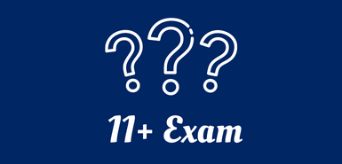 Dark blue background with three white question marks above white text 11+ Exam below it.