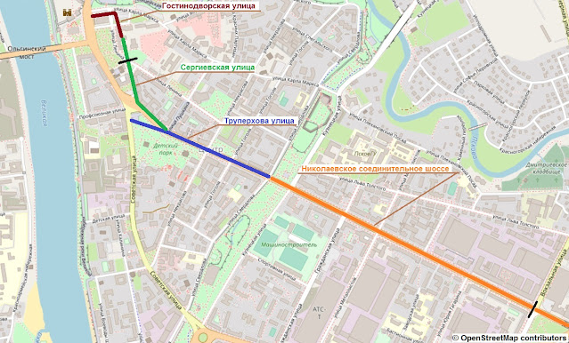Псков. Составные части Октябрьского проспекта: Сергиевская улица, Труперхова улица, Николаевское соединительное шоссе