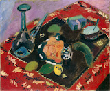 Dishes and Fruit on a Red and Black Carpet by Henri Matisse - Still Life Paintings from Hermitage Museum