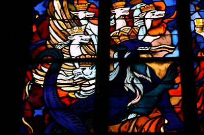 Detail of a stained glass window from a Church in Normandy. From Caen, I believe.