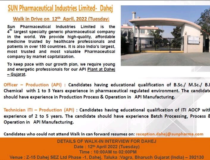 Job Availables,Sun Pharmaceutical Ltd Walk-In-Interview For BE Chemical/ ITI AOCP/ BSc/ MSc